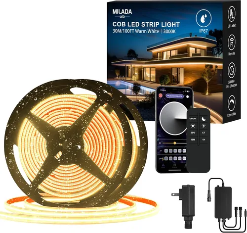 Vista 11 de Tira de luces LED COB de 20 pies para exteriores IP67 impermeable, 6M, CC flexible 24V, control remoto y aplicación, regulable, blanco cálido 3000