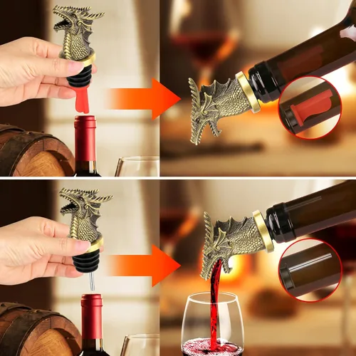Vista 4 de Cabeza de Dragón Vertedor y Tapón de Botella de Vino 2 en 1, Regalos de Dragón para Hombres y Mujeres Fanáticos de los Dragones, Vertedores