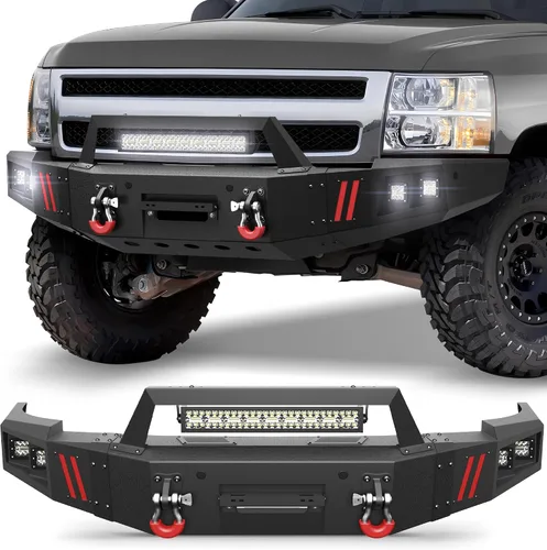 Vista 8 de Silverado Parachoques trasero para Chevy Silverado/GMC Sierra 1500 2007-2013 Negro texturizado con anillos en D, luces LED, orificios