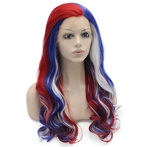 Vista 4 de Mxangel Peluca larga ondulada con encaje frontal azul, rojo y blanco, mezcla colorida para fiesta de cosplay