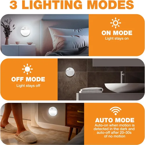 Vista 2 de EverBrite Luz Nocturna Recargable con Sensor de Movimiento LED Redonda, Luz Nocturna LED Activada por Movimiento con 3 Modos de Iluminación, Control