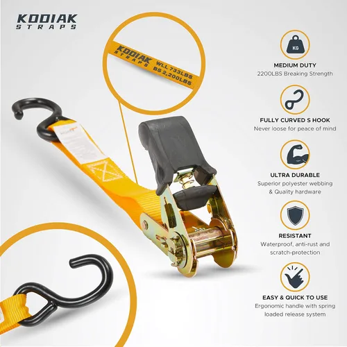 Vista 4 de KODIAK STRAPS Juego de correas de trinquete resistentes con 2200 correas de amarre de resistencia a la rotura 1 pulgada x 17 pies, paquete de 4