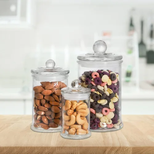 Vista 5 de Juego de 3 tarros de boticario de vidrio con tapas, recipientes de baño, tarros de almacenamiento pequeños decorativos de vidrio para hisopos