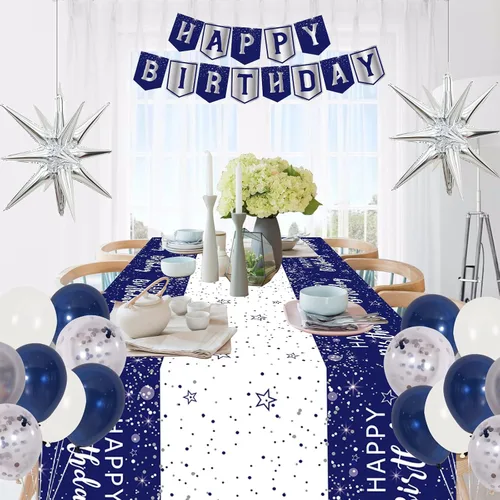 Vista 3 de Decoraciones de cumpleaños azul marino para hombres, niños, mujeres y niñas, 80 piezas de decoraciones de fiesta azules y plateadas, telón de fondo
