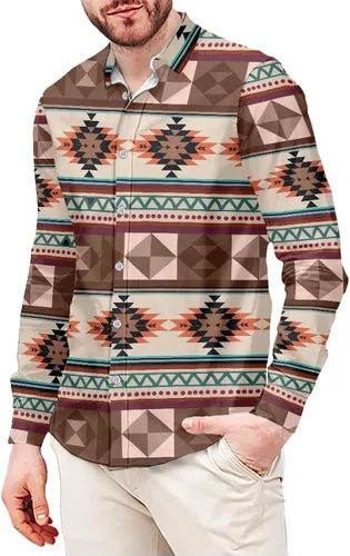 Vista 21 de Camisas aztecas con botones para hombre, vintage, nativo americano, patrón tribal nación, manga larga, camisa de talla grande para hombre