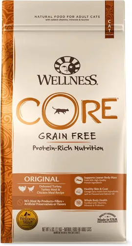 Vista 2 de Wellness CORE Alimento seco para gatos, sin granos, receta original, pavo, bolsa de 5 libras, paquete de golosinas naturales sin granos para gatos