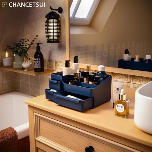 Vista 4 de Organizador de maquillaje con cajones, organizador de encimera para tocador, escritorio de baño y dormitorio, vitrina de cosméticos, caja