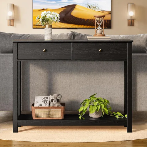 Vista 9 de Gizoon Mesa consola con 2 cajones, mesa de entrada de madera de 2 niveles con estantes de almacenamiento, mesa de sofá de madera de 39 pulgadas