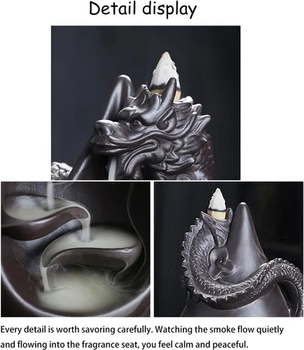 Vista 4 de Juego de quemador de incienso de cerámica con 45 conos, estatua de dragón de agua que gotea, decoración de aromaterapia para yoga, meditación, spa
