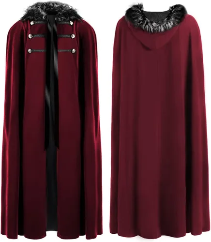Vista 7 de Capa gótica unisex con capucha y cuello de piel medieval renacentista, disfraz de Halloween Negro