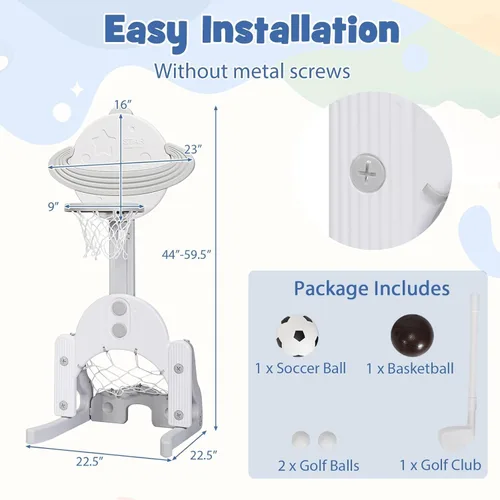 Vista 7 de AKUSTIK 3 in 1 Toddlers Basketball Hoop Stand, Adjustable Height Sports Center with Basketball Soccer Golf Game Set, Portable Indoor Outdoor