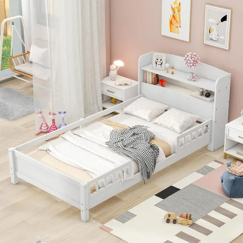 Vista 12 de Harper & Bright Designs Base de cama individual para niños con cabecera de almacenamiento y barandilla, marco de cama de plataforma individual