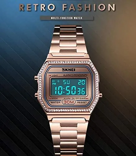 Vista 4 de MASTOP Relojes deportivos digitales de moda para mujer, de lujo, cuadrados, electrónicos, LED, para mujer, Oro