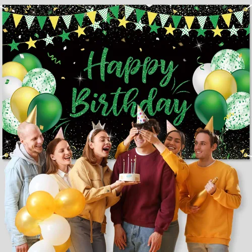 Vista 6 de Cartel de fondo de feliz cumpleaños verde dorado y negro para niños, hombres y mujeres, aniversario, fiesta de cumpleaños, fotos, fondo de cabina