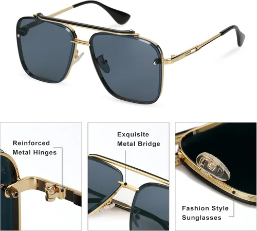 Vista 3 de Aviator Sunglasses for Women Men Retro Double Bridge Square Metal Frame Twin Beams Mirrored Shades