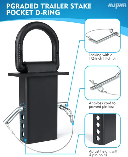 Vista 4 de Anillos en D de bolsillo de estaca de servicio pesado de 5/8" con cordón anti-pérdida Utilidad de amarre ajustable de 18,000 libras para bolsillo