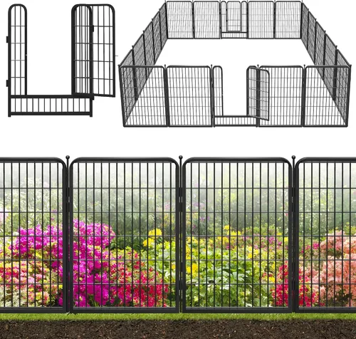 Vista 20 de Valla decorativa de metal negro para jardín con puerta, 4.5 pies de largo x 32 pulgadas de alto, 2 paneles de valla sin excavación, valla de barrera