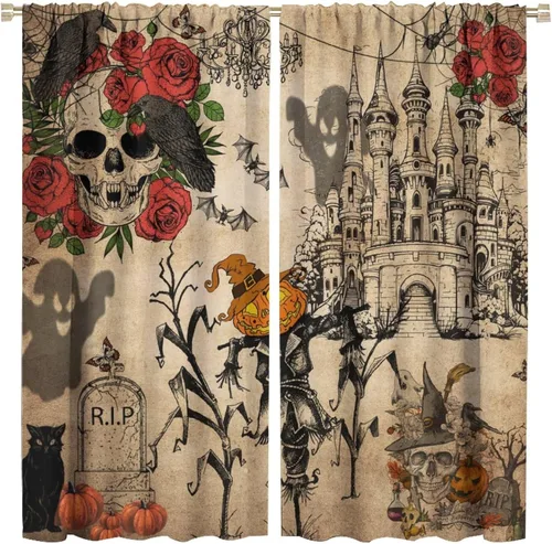 Vista 19 de Divertidas cortinas opacas de calabaza y espantapájaros para sala de estar, rústicas de otoño, hojas de arce, girasol, cosecha de otoño, puesta