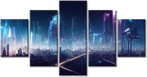 Vista 38 de Cuadros de 5 paneles de Cyberpunk City, arte de pared, representación de vallas publicitarias, edificios modernos en la capital con obras de arte