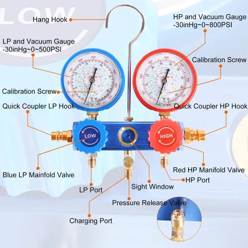 Vista 3 de JIFETOR 3 vías AC Manifold Gauge Set para el hogar auto R404A R134A R410A Colector azul