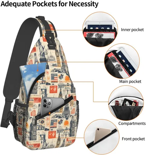 Vista 4 de Small Crossbody Bags for Women Men - Vintage Landmark Collage Print Adjustable Shoulder Bag Fanny Packs Belt Sling Bag Crossbody Purses Backpack for