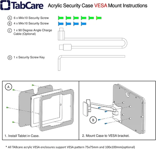 Vista 4 de Carcasa VESA acrílica antirrobo para Apple iPad mini 1/2/3 con kit de montaje en pared y cable de carga en ángulo de 90 grados