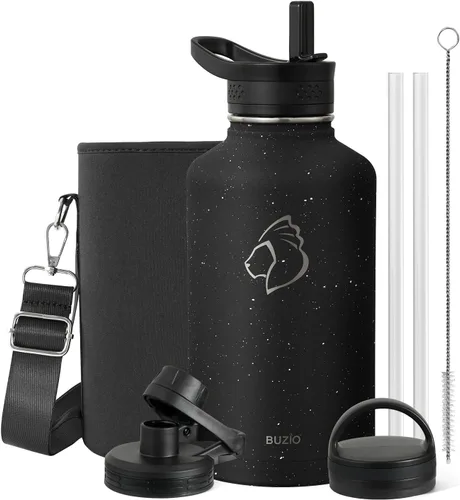 Vista 13 de BUZIO Botella de agua de 32 onzas aislada con popote y 3 tapas y bolsa de transporte, a prueba de fugas, frasco jarra de agua de acero inoxidable