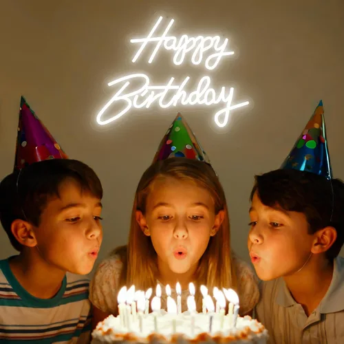 Vista 6 de Letrero de neón de feliz cumpleaños, luz de neón blanca de cumpleaños de 16.5 x 9.8 pulgadas para decoración de pared, alimentada por USB