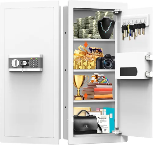 Vista 10 de Caja fuerte de pared de 17.7 pulgadas de alto entre los postes de 16 pulgadas, caja fuerte de pared oculta con 2 estantes extraíbles y bandeja