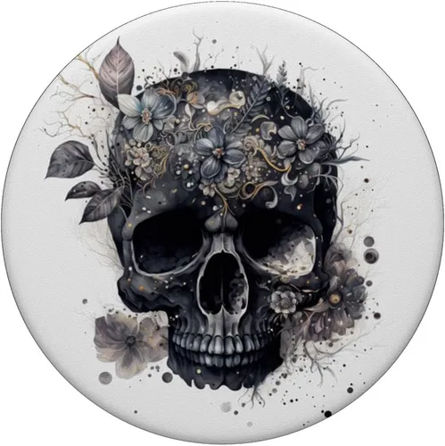 Vista 3 de Gráfico de calavera floral para mujer, cumpleaños, único, negro, calavera, PopSockets, PopGrip estándar