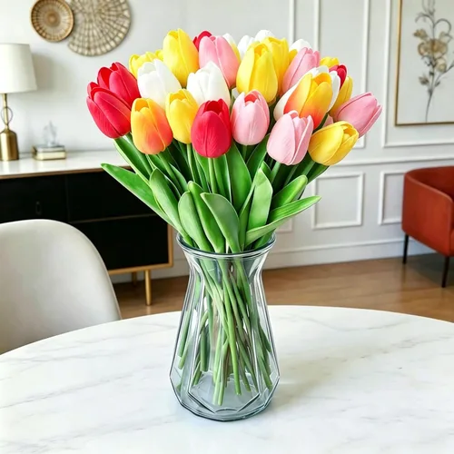 Vista 10 de Tulipanes artificiales de 12 piezas, de tacto real, tulipanes falsos de poliuretano, arreglo floral en ramo para decoración de fiesta en el hogar