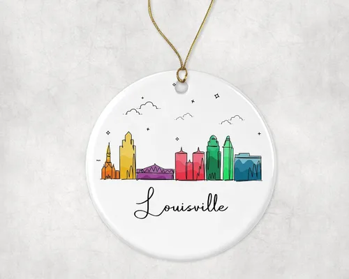 Vista 3 de Adorno de la ciudad de Louisville, adorno de Navidad de la ciudad de Louisville, adorno de Navidad de puntos de interés, gráfico colorido