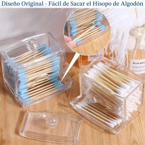 Vista 6 de Recipiente para hisopos de algodón con tapa, dispensador de baño Qtip frascos de boticario, recipiente de algodón acrílico transparente para hisopos