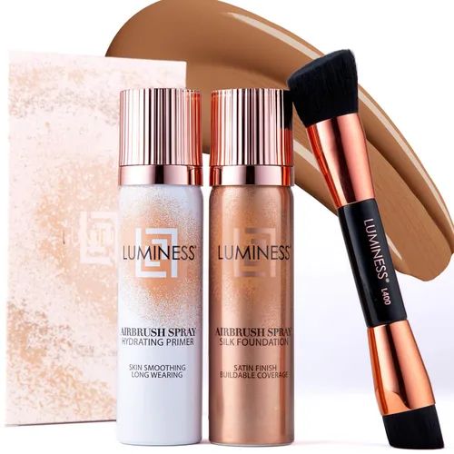 Vista 23 de LUMINESS Silk Airbrush Spray Foundation Kit de 3 piezas – base, prebase y brocha de maquillaje en ángulo de doble cara – Cobertura modulable