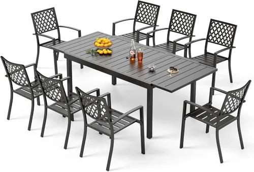 Vista 36 de PHI VILLA Juego de comedor al aire libre de 7 piezas para 6, mesa rectangular de metal negro de 60 pulgadas con agujero para sombrilla y sillas