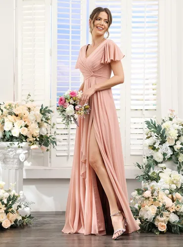 Vista 5 de SYYS Women's V Neck Chiffon Bridesmaid Dresses Long with Slit Ruffled Sleeve Empire Waist Formal Dress with Pockets SF002