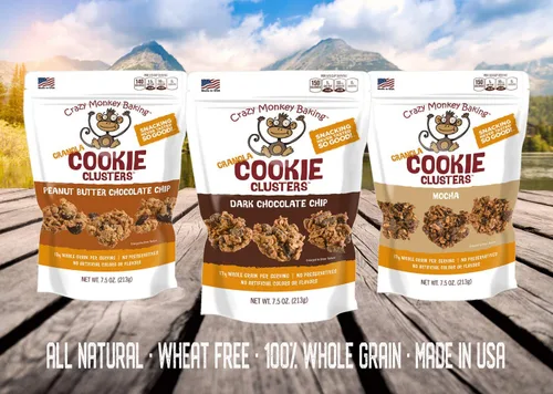 Vista 2 de Crazy Monkey Baking Racimos de galletas de granola 0.63 oz de grano entero Ingredientes totalmente naturales Bolsa resellable de 7.5 onzas