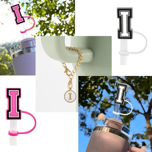 Vista 2 de Stanley - 2 fundas de popote para tazas de 30 y 40 onzas, 0.394 in de silicona con 2 dijes de letras personalizados, nombre de identificación