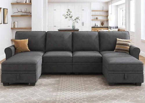 Vista 8 de HONBAY Sofá modular convertible con almacenamiento en forma de U con diván reversible para sala de estar, negro medio negro (Mid Black)