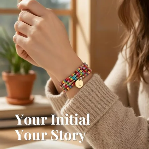 Vista 2 de Juego de 4 pulseras con iniciales de cuentas de colores, joyería apilable personalizada, pulseras elásticas ajustables para mujer, juego de pulseras