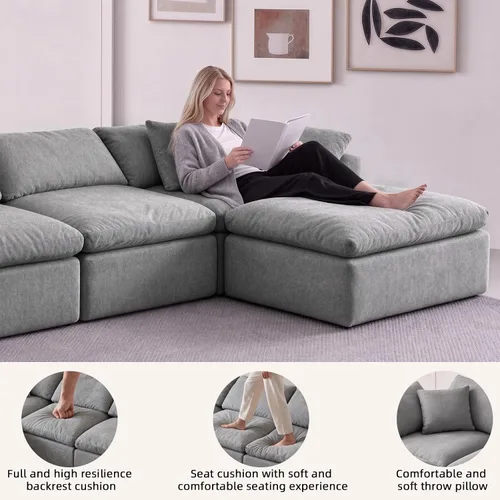 Vista 3 de Sofá seccional de nube sin hueso de 110 pulgadas para sala de estar, sofá modular en forma de L de gran tamaño con otomana, sofá seccional de Gris