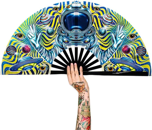 Vista 24 de Abanico para rave con brillo ultravioleta, abanico de mano plegable de bambú para hombres y mujeres (psicodélico espacial, mediano de 11 pulgadas)