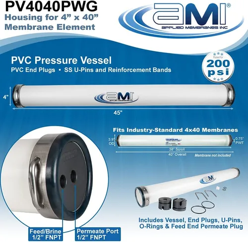 Vista 3 de APPLIED MEMBRANES, INC. Carcasa de membrana RO 4x40 Recipiente de presión RO de PVC para elemento de membrana RO, UF, NF, MF de 4 "x 40