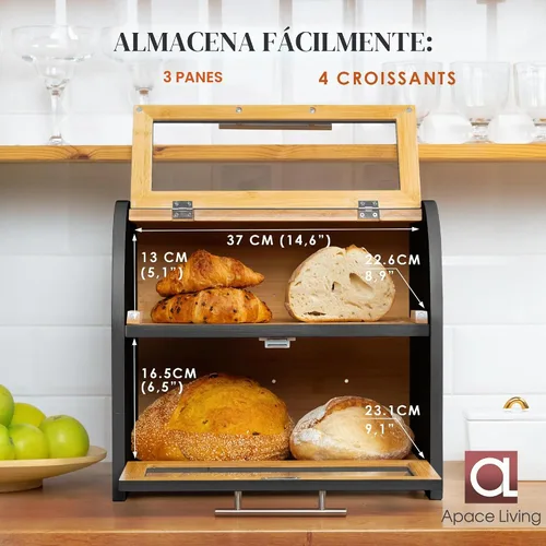 Vista 4 de Arise Panera de Bambú Elegante para Encimera de Cocina, Contenedor de Almacenamiento de Pan de Madera Extra Grande de 2 Estantes con Ventanas Negro