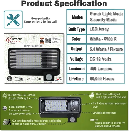 Vista 6 de MG1000-450B, luz LED de sensor de movimiento para porche montada en exterior de RV, con clasificación IP65 con INTELA-Sensor, protección