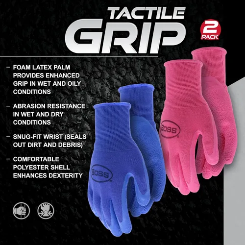 Vista 6 de BOSS Guantes de trabajo recubiertos de látex arrugado con agarre táctil para mujer, 2 paquetes, resistentes a la abrasión y al agua, talla grande