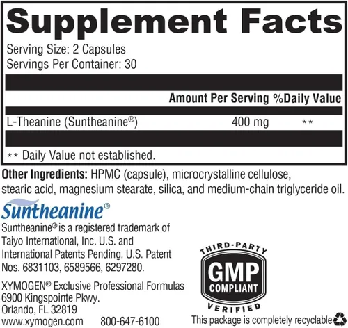 Vista 2 de XYMOGEN L-teanina - 400 mg como sunteanina - Relajación, concentración y apoyo al estrés - Suplemento de aminoácidos - Sin somnolencia