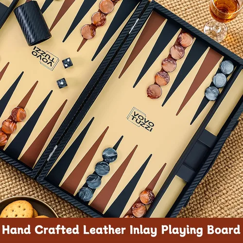 Vista 4 de Juego de backgammon de 15 pulgadas para adultos, de fibra de carbono de alta calidad, de piel sintética, plegable, juego de mesa clásico de viaje