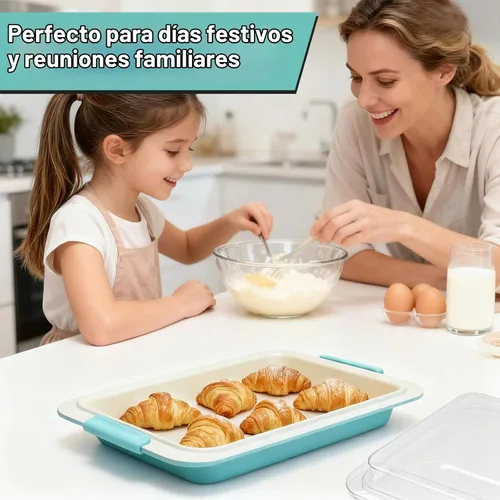 Vista 5 de Molde para hornear de 9 x 13 pulgadas con tapa, acero aluminizado, asas de silicona
