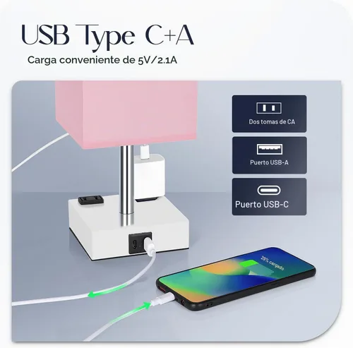 Vista 3 de Lámpara de mesita de noche con puertos USB - Lámpara de mesa con control táctil para dormitorio con puertos de carga USB C+A y tomas de corriente